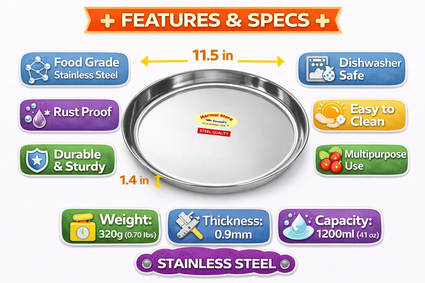 Stainless Steel Serving Tray 11.5 Inch – Round Food Grade Serving Plate, Rust-Resistant, Mirror Finish, Heavy Duty Kitchen & Dining Tray