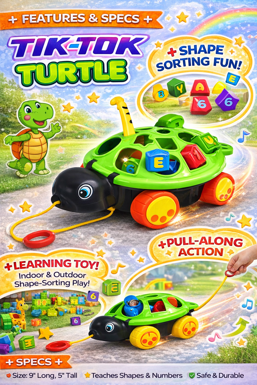 Turtle Shape Sorter Pull Along Toy for Toddlers (1–3 Years) – Shape & Number Learning Toy with Pull String, Educational Activity Toy for Kids
