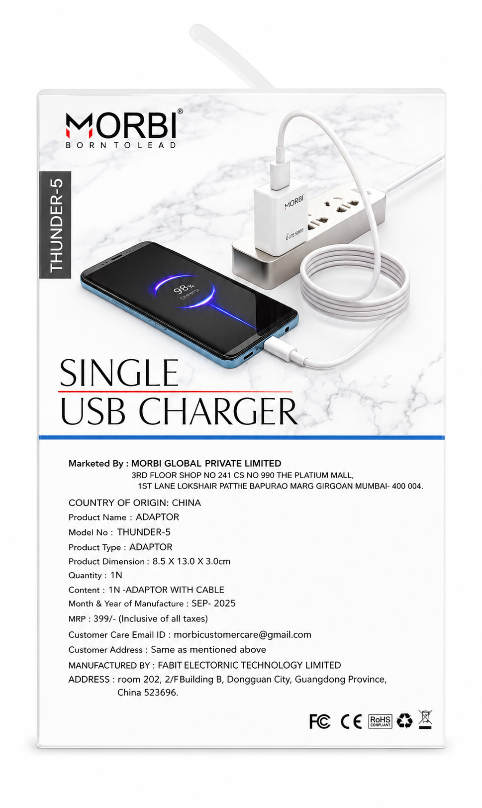 MORBI Thunder-6 15W Single USB Charger with Cable, Fast Charging USB-A Wall Charger Adapter, 2.1A Output, Smart IC, Multi Protection, Compact Travel Charger for Smartphones, Tablets, Power Banks & USB Devices