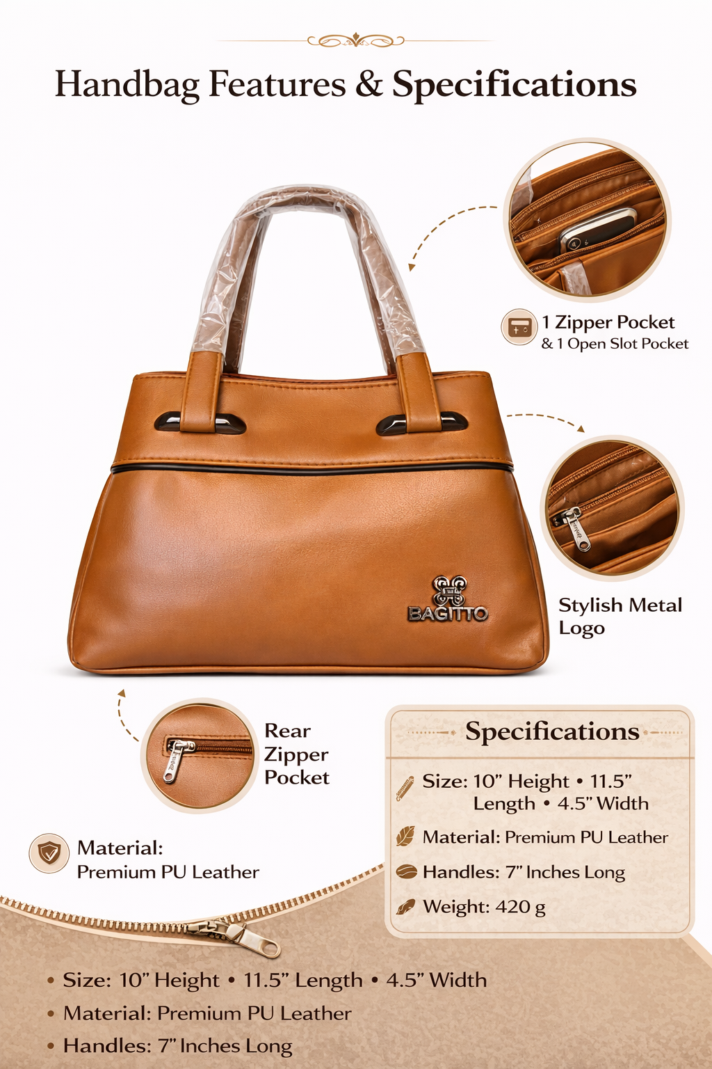 BAGITTO Women's Brown Handbag, Premium PU Leather Tote Purse with Zipper Pocket and Metal Logo
