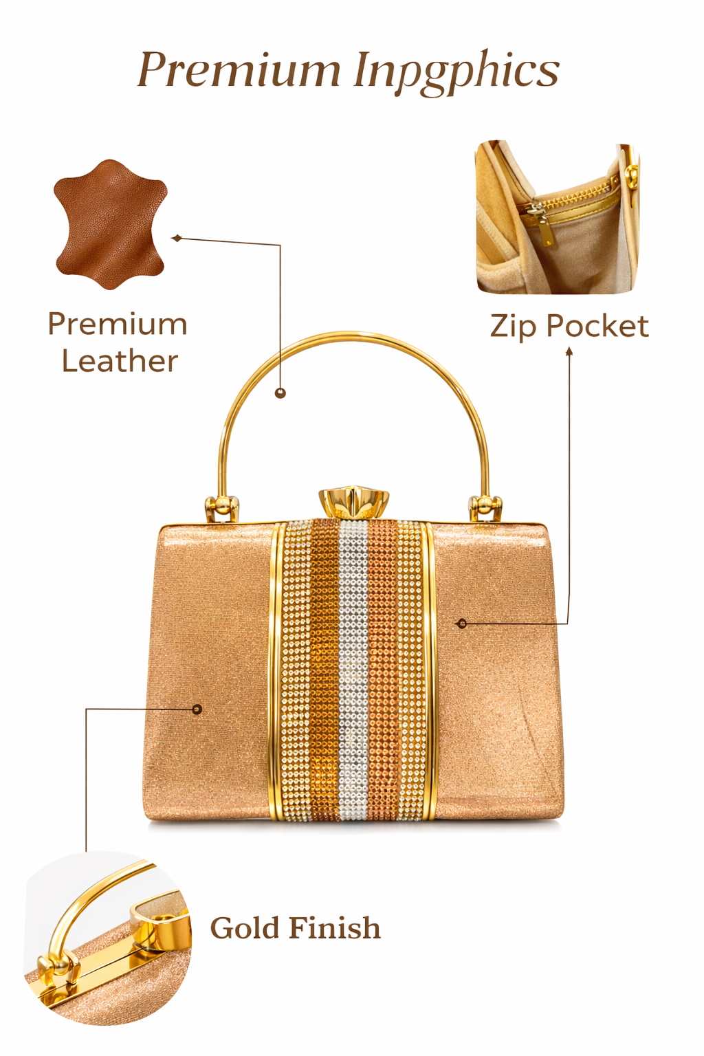 Gold Evening Handbag for Women | Premium Leather Party Clutch with Top Handle