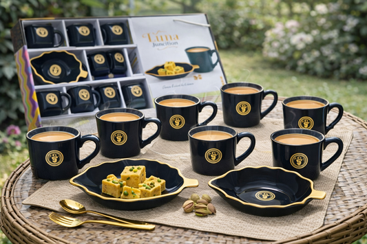 12-Piece Ceramic Cup & Platter Gift Set | 8 Coffee Cups + 4 Scalloped Serving Platters | Black & Gold Premium Design