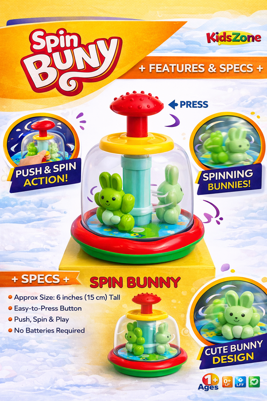 Spin Bunny Toy for Kids (1+ Years) – Push & Spin Bunny Toy with Moving Animals, No Battery Required, Interactive Baby Toy for Toddlers