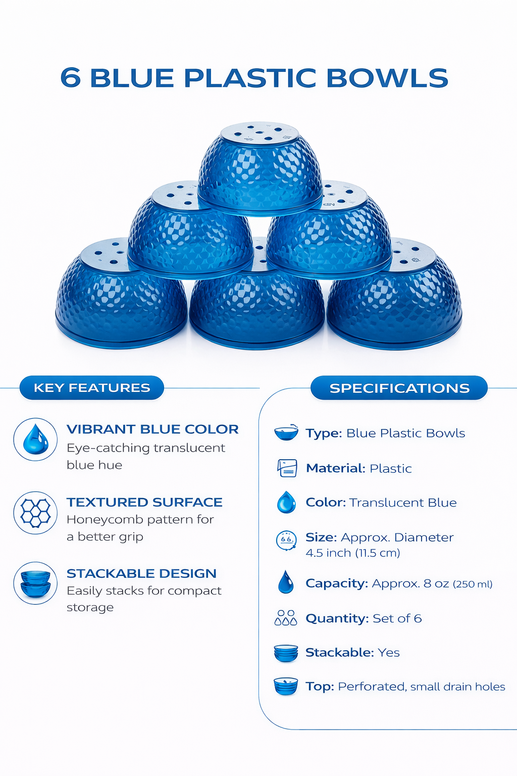 Blue Plastic Bowl Set (6-Piece) – Translucent Snack & Serving Bowls, Stackable Lightweight Design, Textured Grip Surface