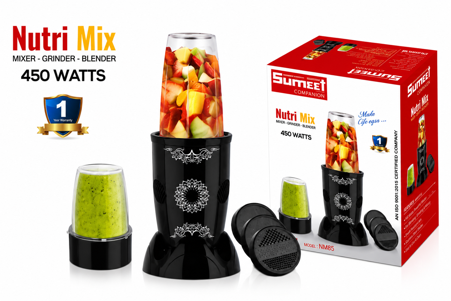 Sumeet Nutri Mix NM85 Mixer Grinder Blender 450 Watts | 3-in-1 Nutri Blender | High Speed Copper Motor | Stainless Steel Blades | Smoothie Maker & Spice Grinder | 1 Year Warranty