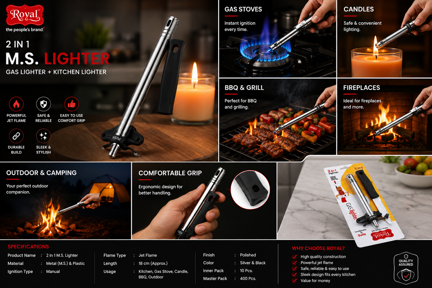 Royal 2 in 1 Gas Lighter for Kitchen, Stainless Steel Manual Gas Stove Lighter & Candle Lighter, Jet Flame Ignition, Long Handle Safety Lighter for Gas Stove, BBQ, Candle & Camping
