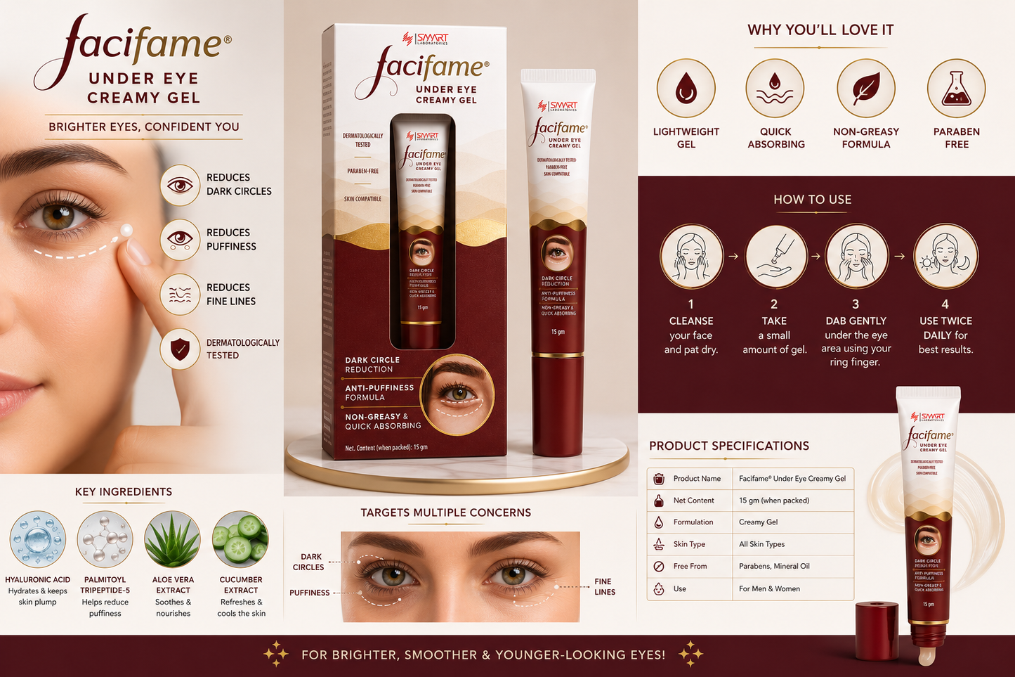 Facifame Under Eye Creamy Gel – Dark Circle & Puffiness Care, Hydrating Under Eye Gel with Hyaluronic Acid, Niacinamide, Aloe Vera & Vitamin E, 15g