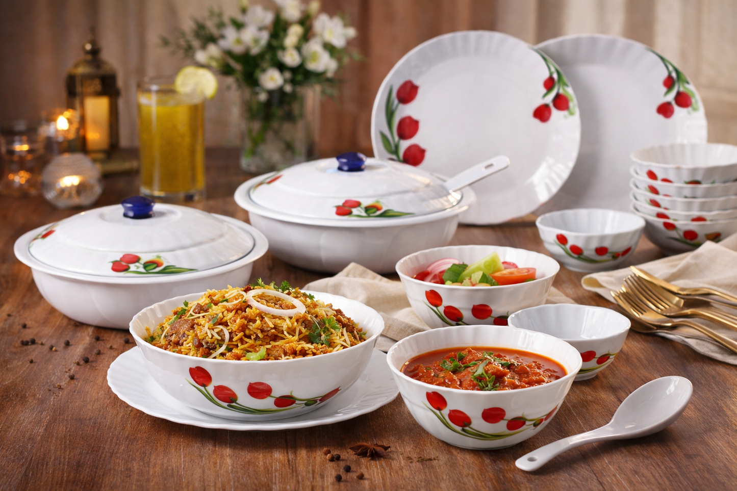 32-Piece Opal Dinner Set for 6 | Full Plates, Half Plates, Veg Bowls, Rice Plates, Donga with Lid & Serving Spoon