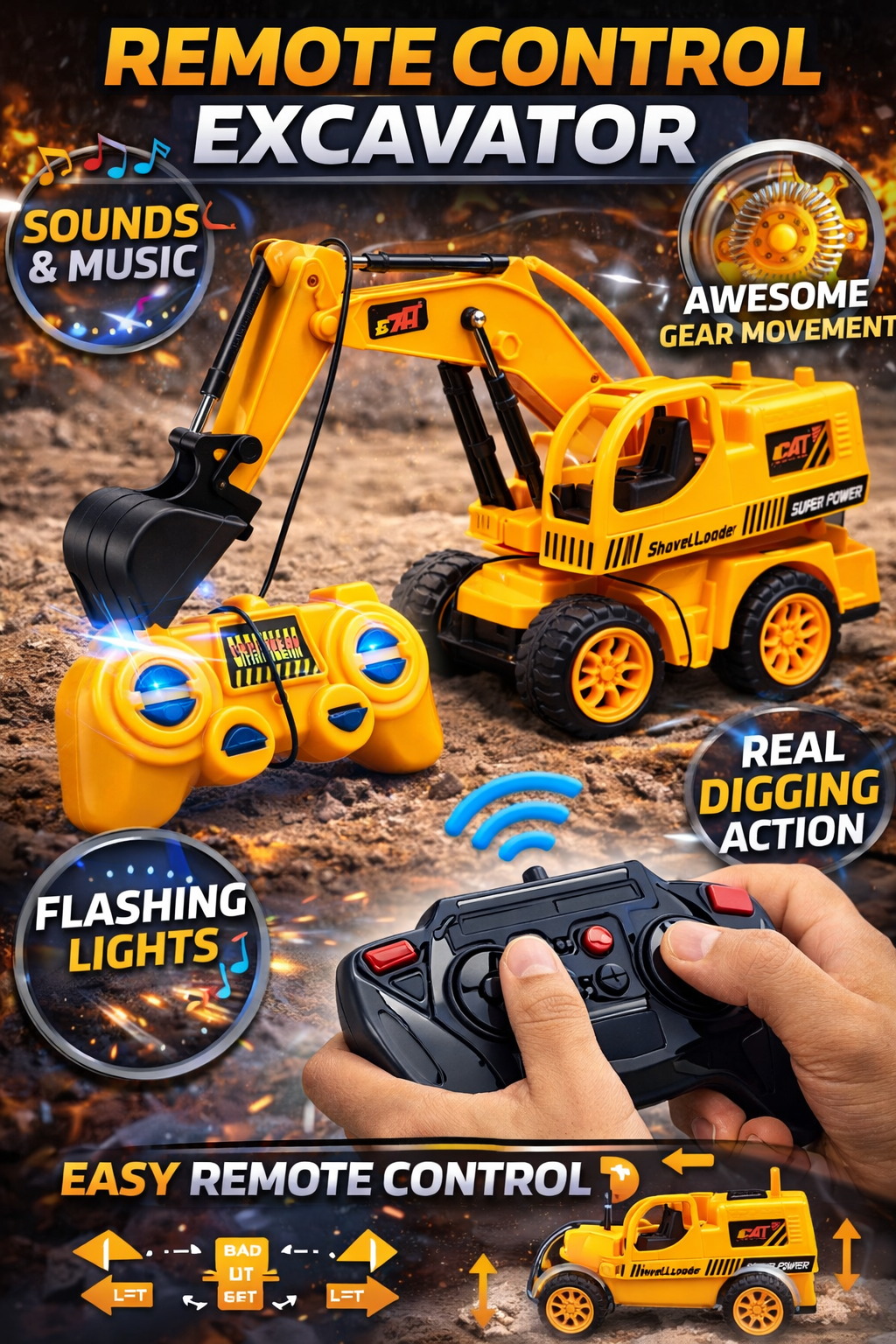 Remote Control Excavator Toy for Kids with Lights, Sound & Music, 2.4GHz RC Construction Vehicle with Real Digging Action