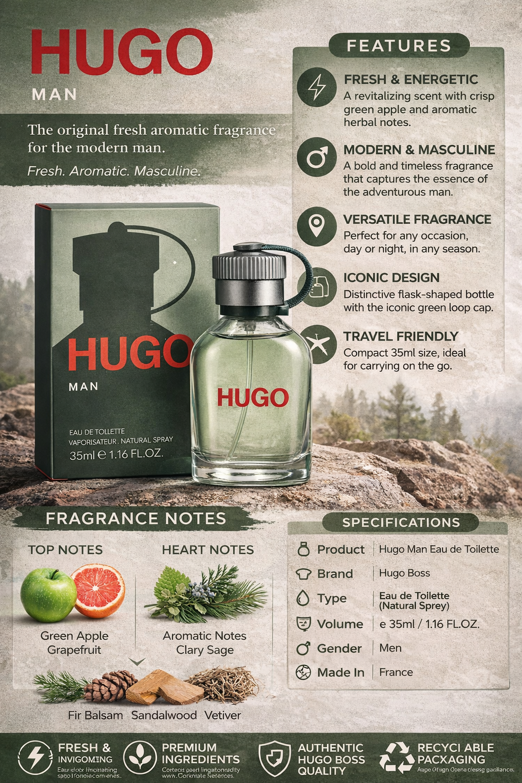 Hugo Boss Hugo Man Eau De Toilette for Men, Fresh Aromatic Fragrance with Green Apple, Grapefruit & Sandalwood Notes, 35ml