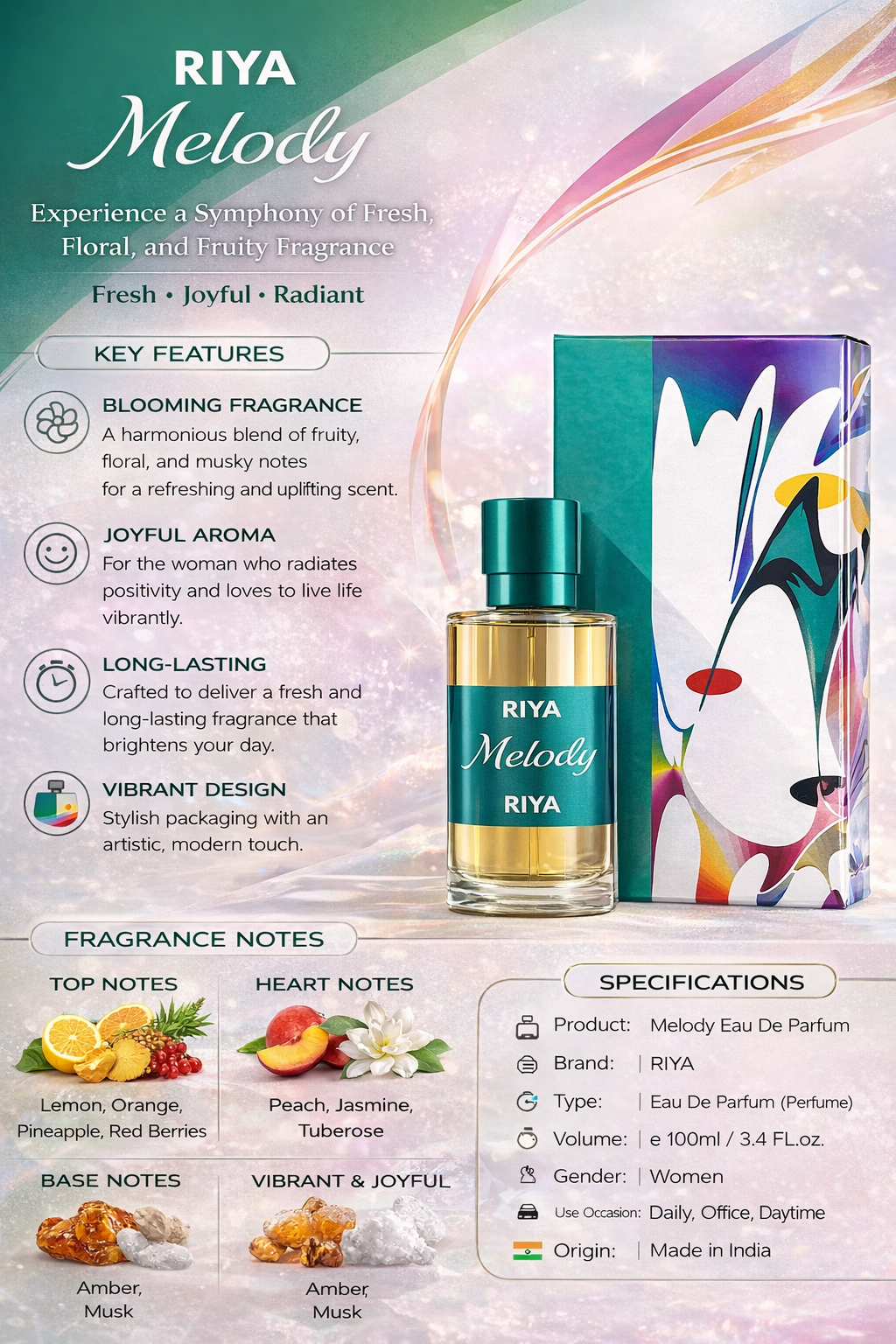 RIYA Melody Eau De Parfum for Women 100ml | Long Lasting Floral Fruity Perfume | Fresh & Joyful Fragrance Spray for Daily, Office & Daytime Use