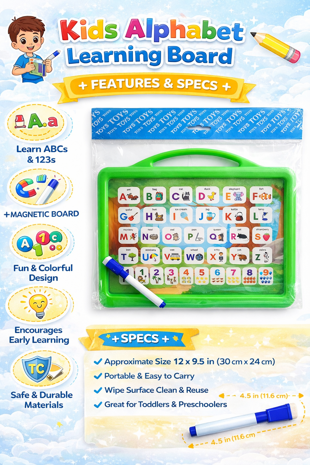 Kids Alphabet Learning Board with Marker – Magnetic ABC & 123 Writing Board for Toddlers, Reusable Educational Drawing Board for Preschool Learning