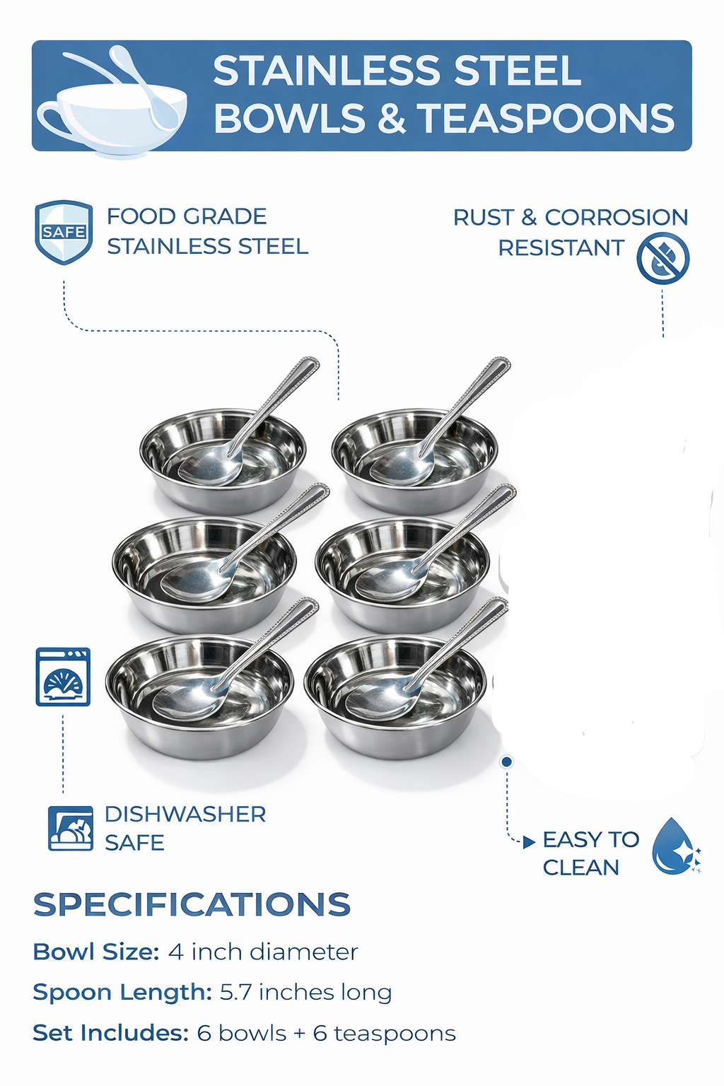 Stainless Steel Bowl Set with Teaspoons (12 Pieces) | 6 Katori Bowls + 6 Spoons | Food Grade Steel | Rust Resistant | Dishwasher Safe Kitchen Set