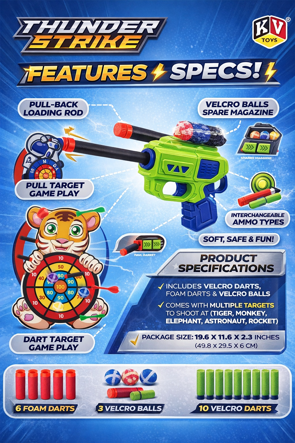 Toy Gun Target Shooting Set for Kids | Thunder Strike Blaster with Foam Darts & Velcro Balls | Pull-Back Action Gun with Targets | Safe Shooting Game Toy (3+ Years)