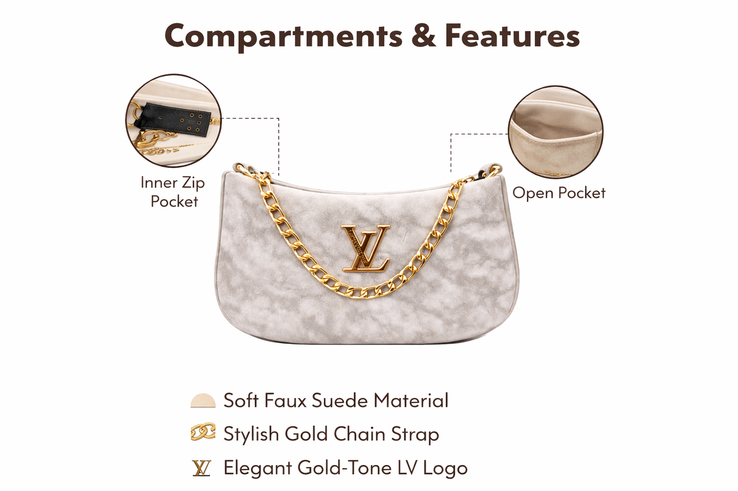 Women’s Faux Suede Shoulder Bag with Gold Chain Strap | Soft Designer-Style Handbag with Inner Zip Pocket | Elegant Party, Casual & Evening Purse