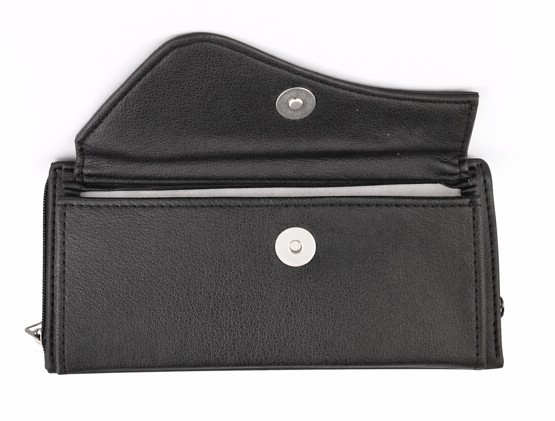 Men's Black PU Leather Wallet with Multiple Card Slots, Zipper Pocket and Embossed Logo