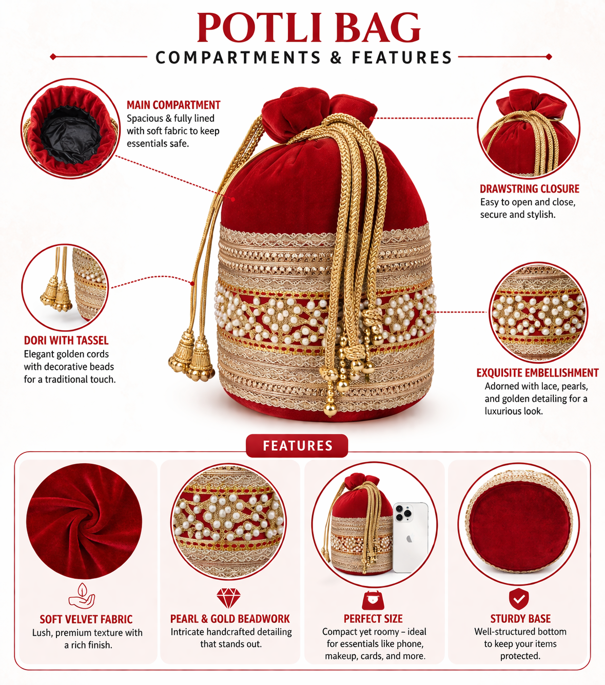 Red Velvet Potli Bag for Women, Embroidered Drawstring Ethnic Clutch Purse with Pearl and Gold Beadwork