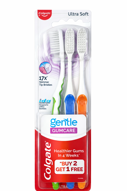 Colgate Gentle Gumcare Ultra Soft Toothbrush Pack of 3 – Slim Tip Bristles for Sensitive Gums | Deep Cleaning Soft Bristles | Dentist Recommended Toothbrush