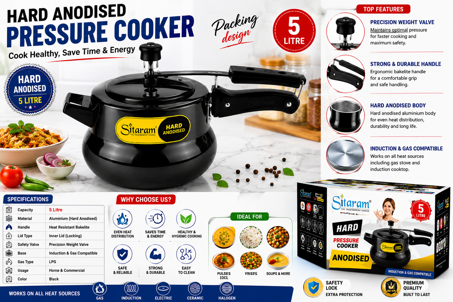 Sitaram Hard Anodised Pressure Cooker 5 Litre | Inner Lid Pressure Cooker | Induction & Gas Compatible | Hard Anodized Aluminium Cooker | Precision Weight Valve | Black