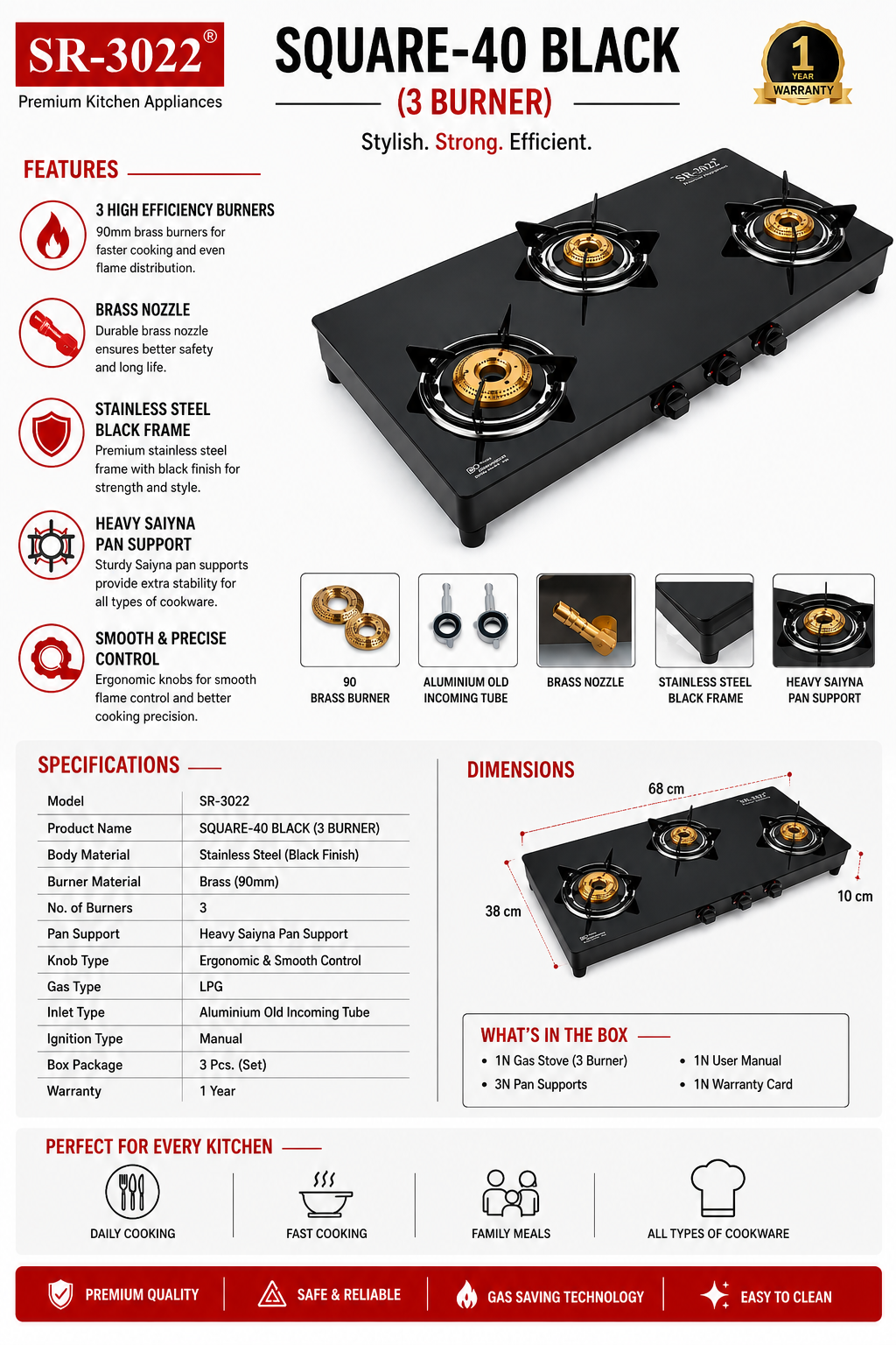 SR-3022 Square-40 Black 3 Burner Gas Stove | Toughened Glass Top | 90mm Brass Burners | Heavy Duty Pan Support | Manual Ignition LPG Gas Stove | Black