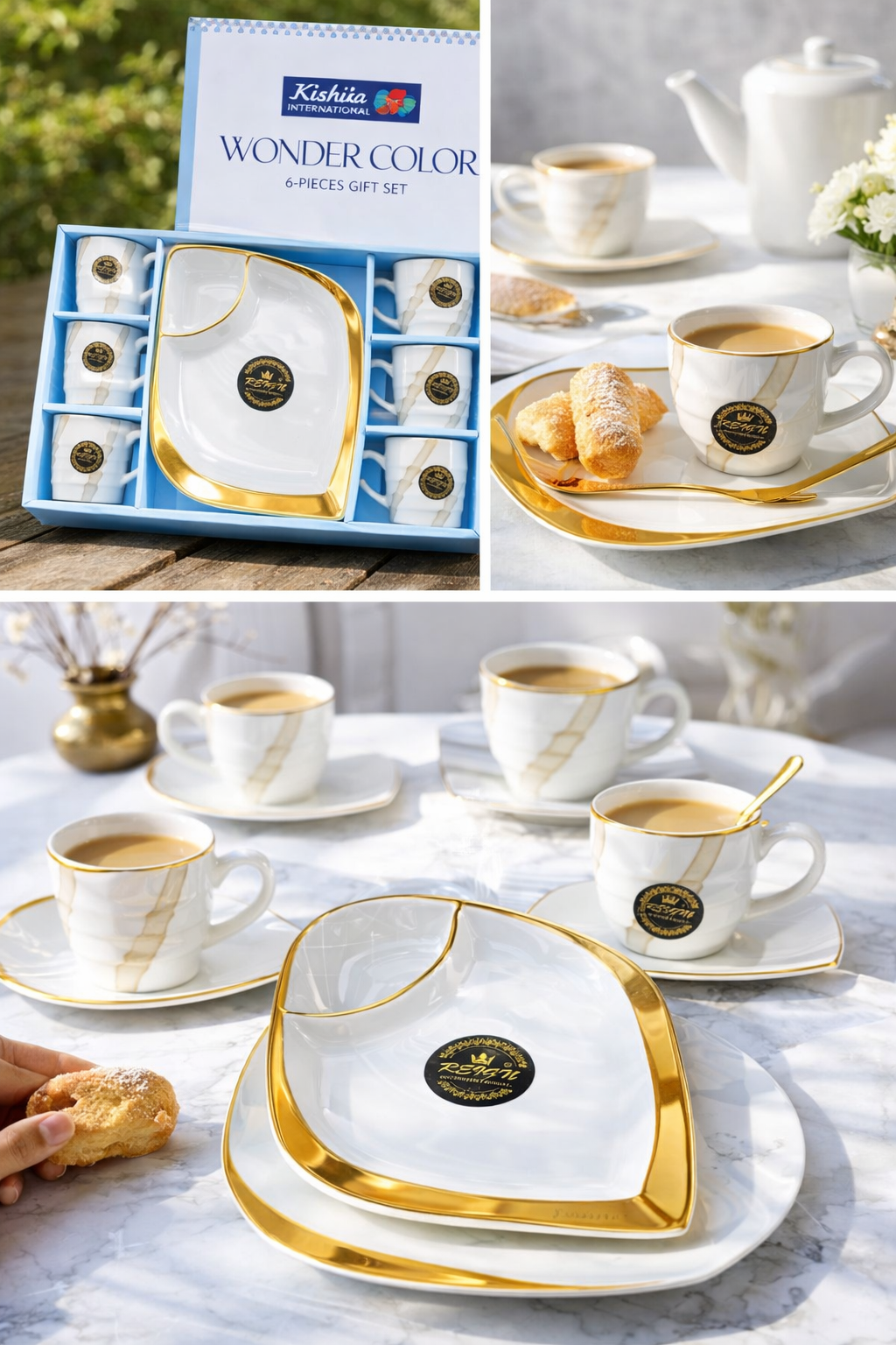 Premium Porcelain Tea Cup Set with Plate (7 Pieces) – 6 Coffee Cups (180 ml) + 8 Inch Dessert Plate | Gold Rim Luxury Tea Set | Gift Set for Home, Office & Festivals