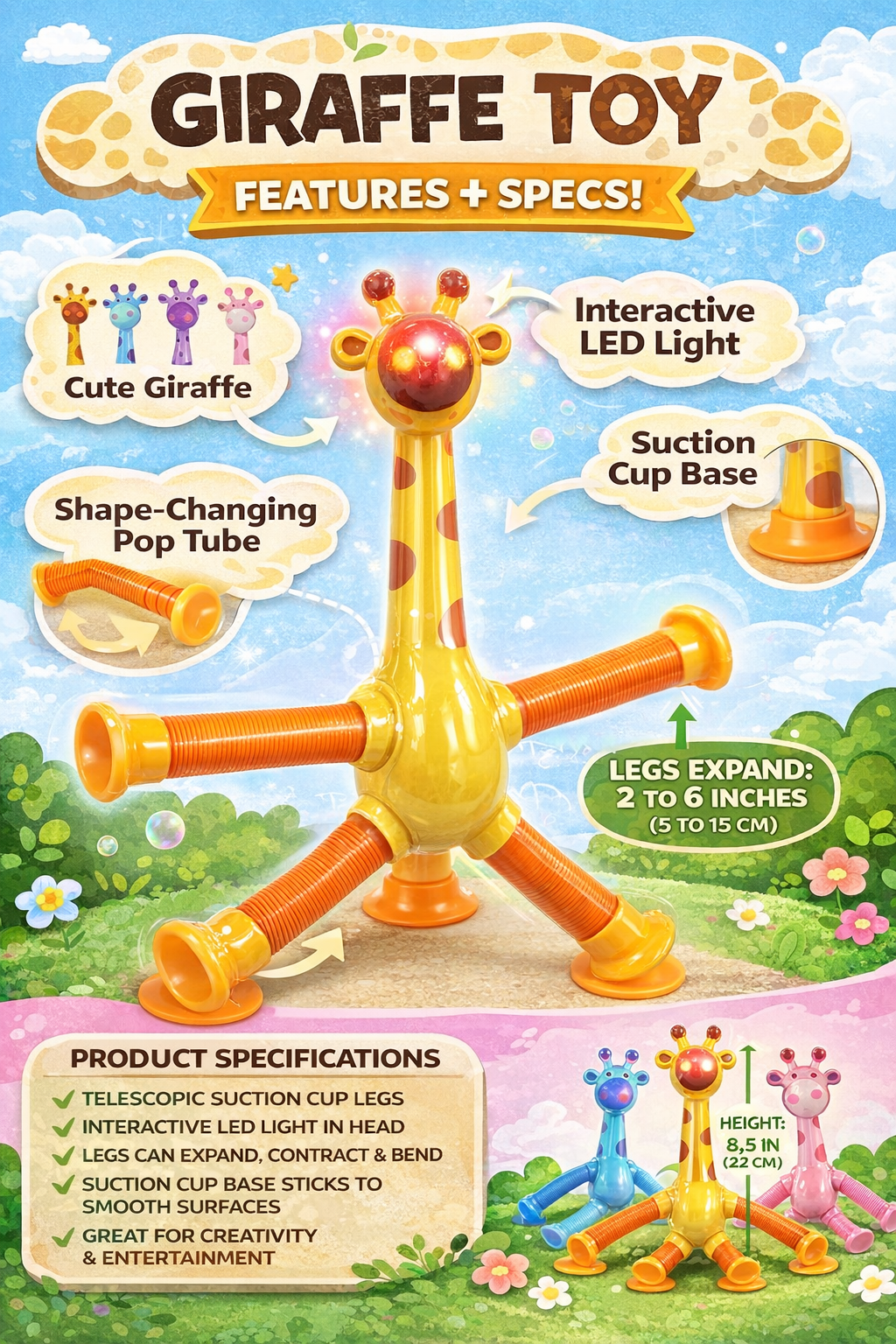 Giraffe Pop Tube Toy for Kids with LED Light, Suction Cup Legs, Stretchable & Bendable Sensory Toy, Interactive Fidget Toy for Toddlers Boys & Girls