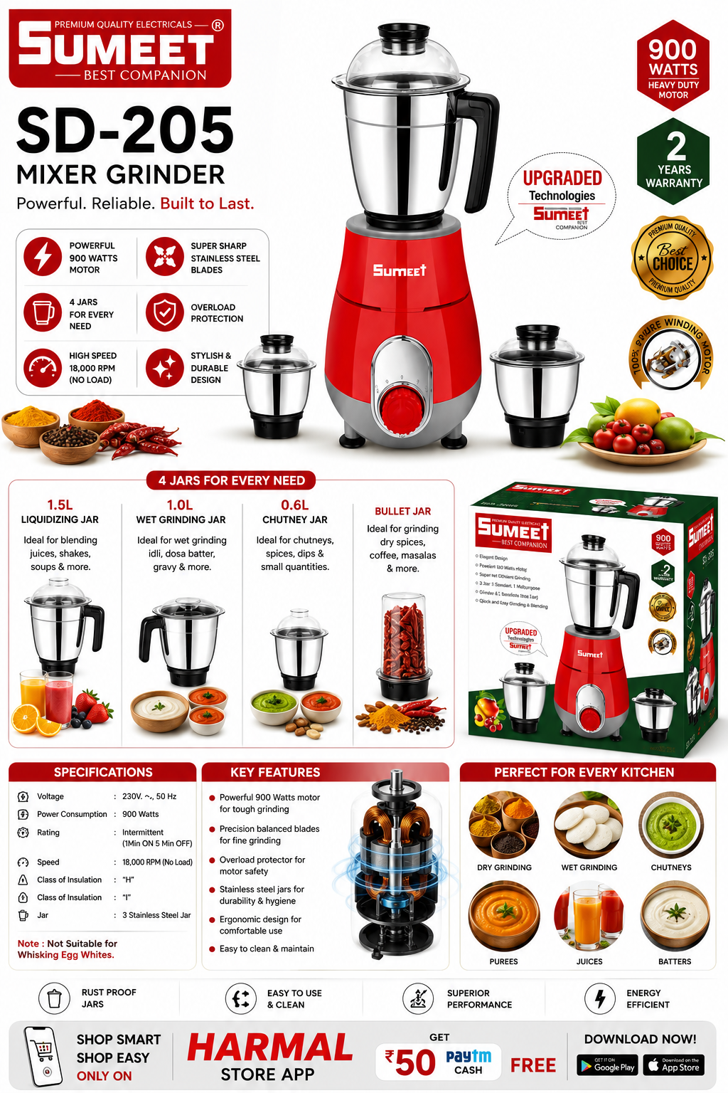 Sumeet SD-205 Mixer Grinder 900 Watts | 4 Jars Including Bullet Jar | Stainless Steel Jars | Heavy Duty Copper Motor | 3 Speed Control | Overload Protection | 2 Years Warranty