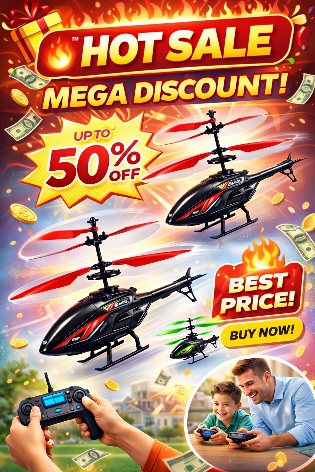 2-in-1 Remote Control Helicopter Toy for Kids | USB Rechargeable Flying Helicopter with LED Lights