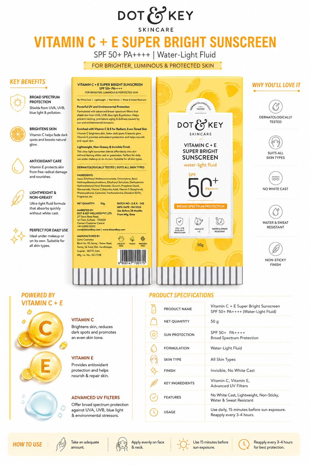 Dot & Key Vitamin C + E Super Bright Sunscreen SPF 50+ PA++++ | Water-Light Fluid Sunscreen | Broad Spectrum UVA/UVB Protection | No White Cast | Lightweight & Non-Sticky | 50g
