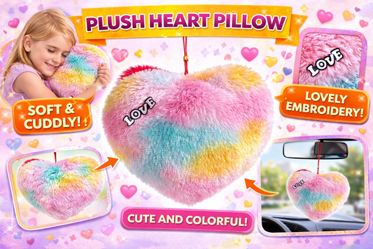 Plush Heart Pillow Soft Toy | Rainbow Fur Hanging Cushion with “Love” Embroidery