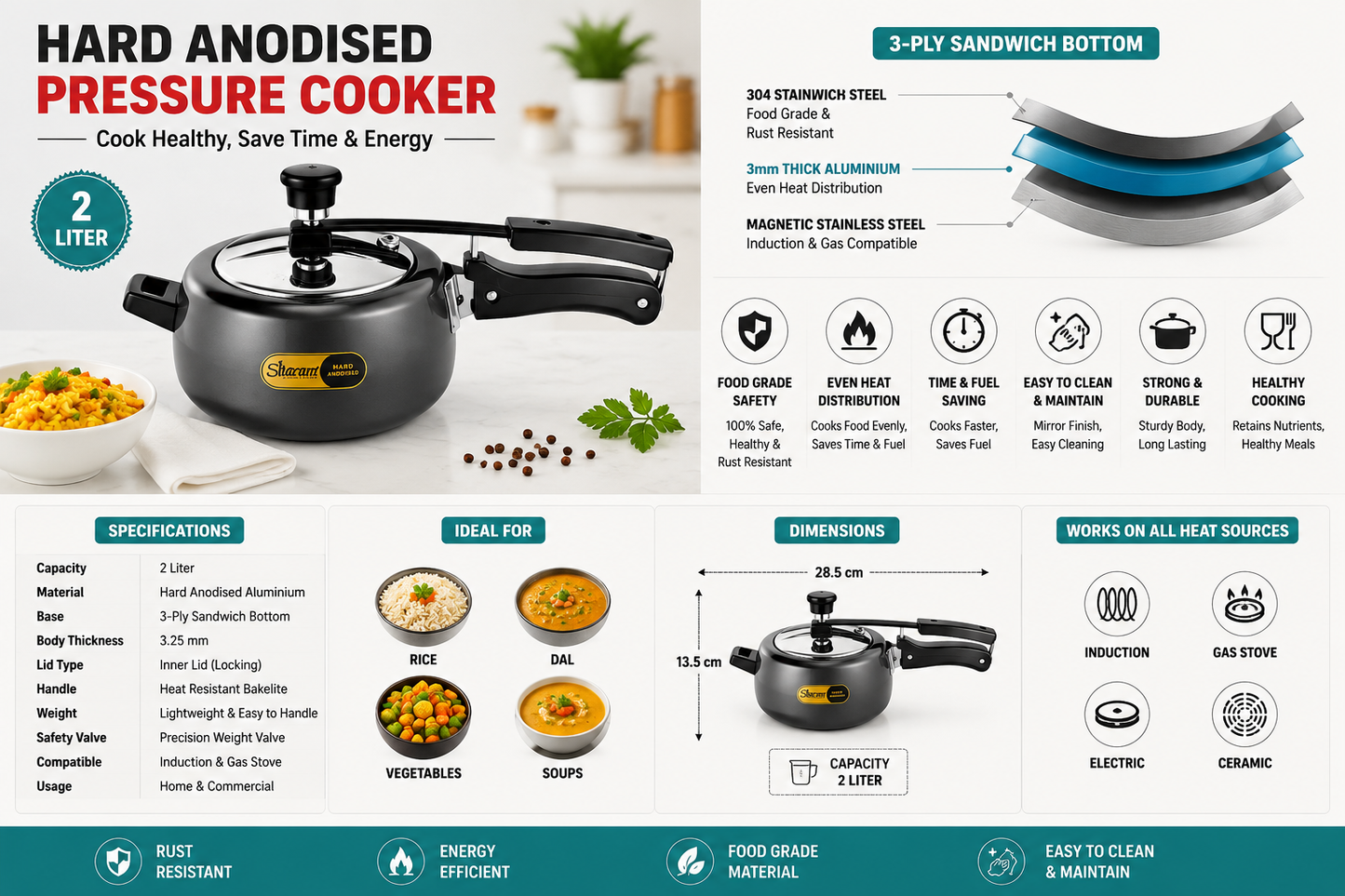 Sitaram Hard Anodised Pressure Cooker 2 Litre | Inner Lid Pressure Cooker | 3 Ply Sandwich Bottom | Induction & Gas Compatible | Hard Anodized Aluminium Cooker | Black