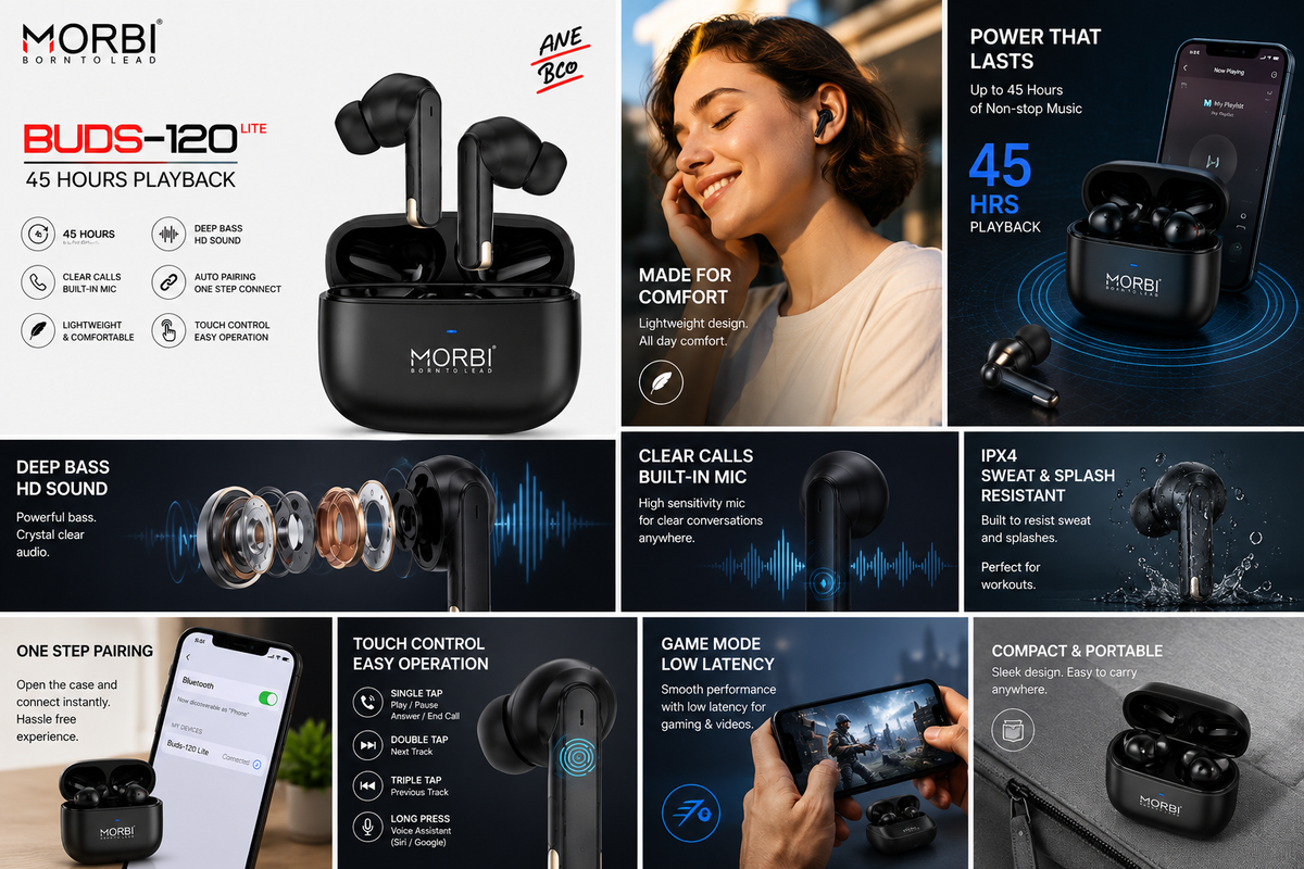 Morbi BUDS-120 LITE True Wireless Earbuds, 45 Hours Playback, Bluetooth 5.3, Deep Bass HD Sound, Clear Calls with Built-in Mic, Touch Control, Auto Pairing, Type-C Charging, Lightweight & Comfortable, Black