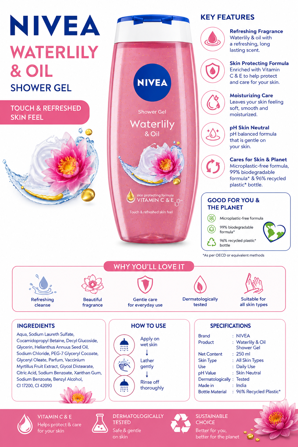 NIVEA Waterlily & Oil Shower Gel 250ml | Vitamin C & E Body Wash | Refreshing Fragrance | pH Skin Neutral | Moisturizing Shower Gel for All Skin Types