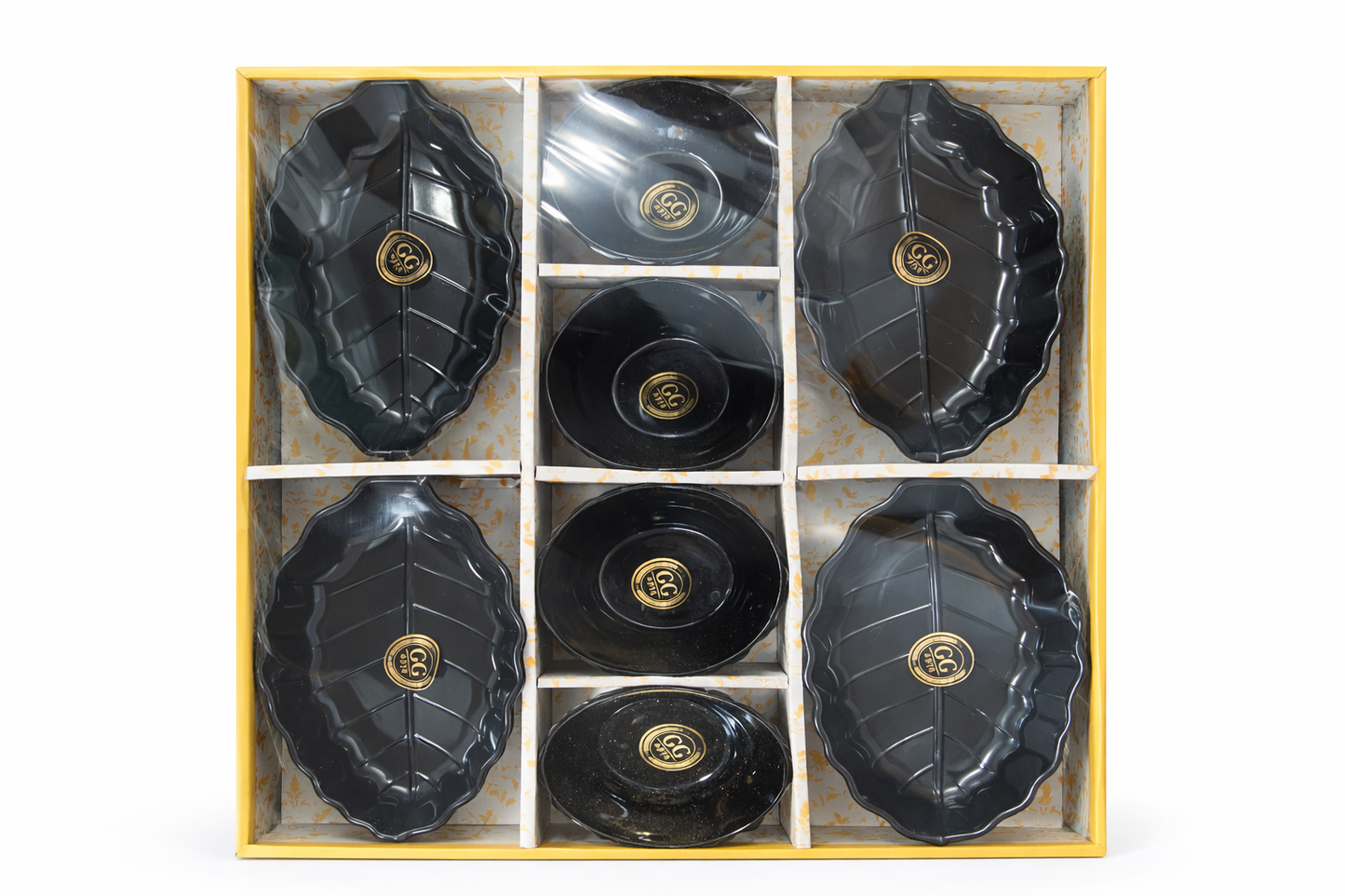 Premium Black Serving Set (8 Pieces) – 4 Leaf Shaped Plates (9.5 Inch) + 4 Bowls (4.5 Inch) | Designer Snack & Dessert Serving Set | Gift Set for Home, Parties & Festivals