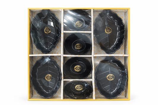 Premium Black Serving Set (8 Pieces) – 4 Leaf Shaped Plates (9.5 Inch) + 4 Bowls (4.5 Inch) | Designer Snack & Dessert Serving Set | Gift Set for Home, Parties & Festivals