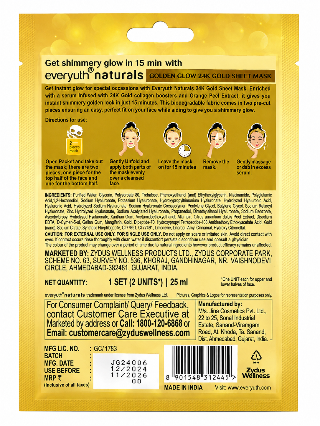 Everyuth Naturals Golden Glow 24K Gold Easy Fit Sheet Mask, 25ml, Biodegradable Sheet Mask with Orange Peel Extract & Collagen Boosters, Hydrating & Brightening Face Mask for All Skin Types