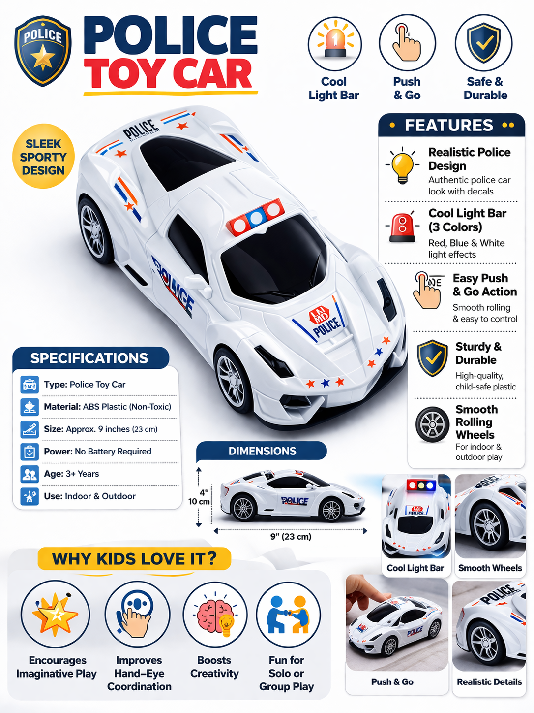 Police Toy Car for Kids, Push and Go Friction Powered Car with Lights, Realistic Police Design Toy Vehicle, Durable ABS Plastic Car for Boys & Girls (3+ Years)