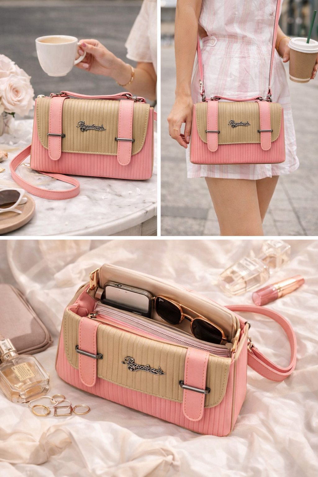 Pink Crossbody Handbag for Women | Stylish Two-Tone Ribbed Shoulder Bag with Adjustable Strap