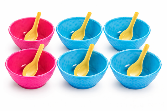 Colorful Plastic Bowls & Spoons Set for Kids – 6 Bowls (3 Pink + 3 Blue) with 6 Yellow Spoons