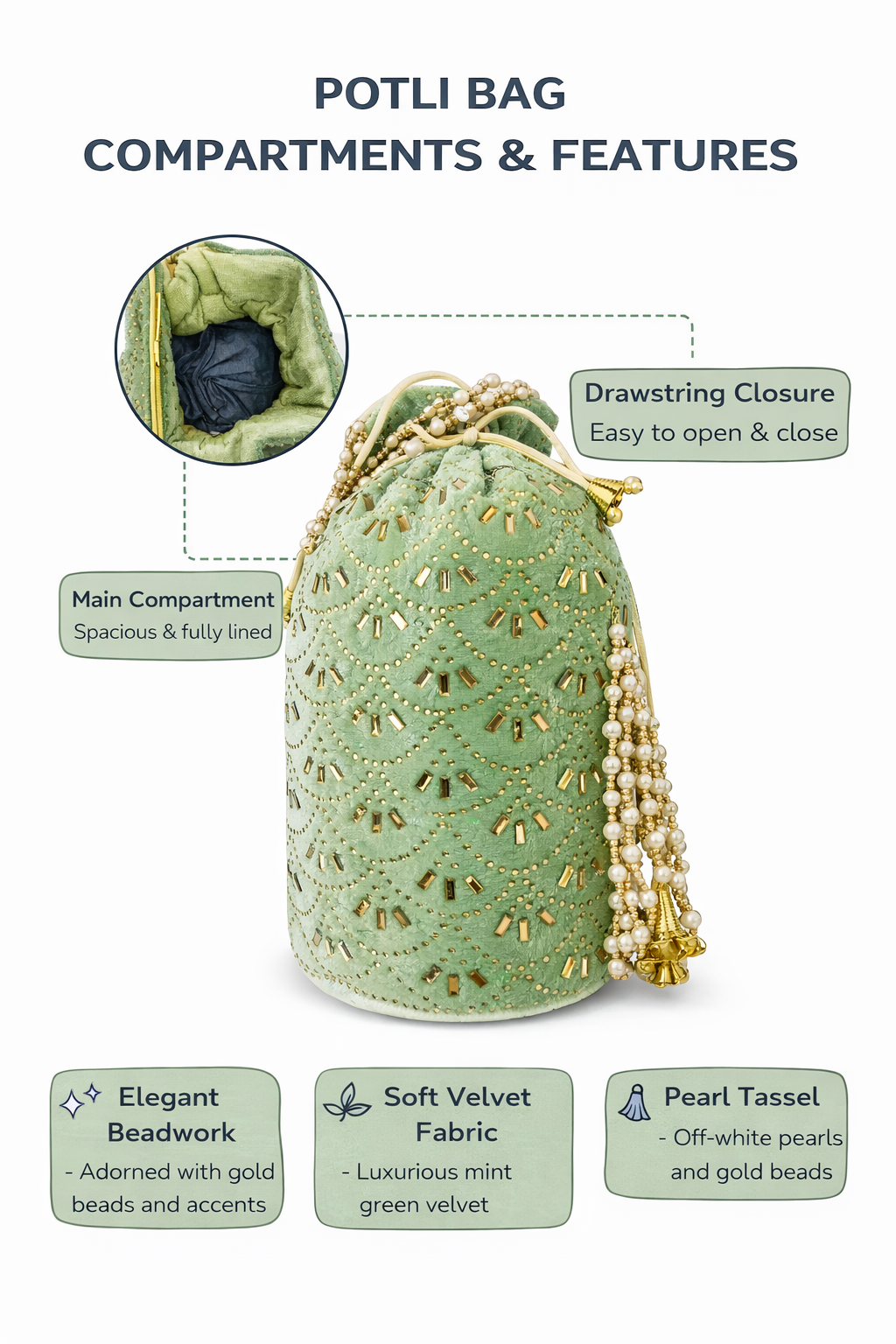 Mint Green Velvet Potli Bag for Women, Embroidered Drawstring Ethnic Clutch Purse with Pearl Tassels and Gold Beadwork
