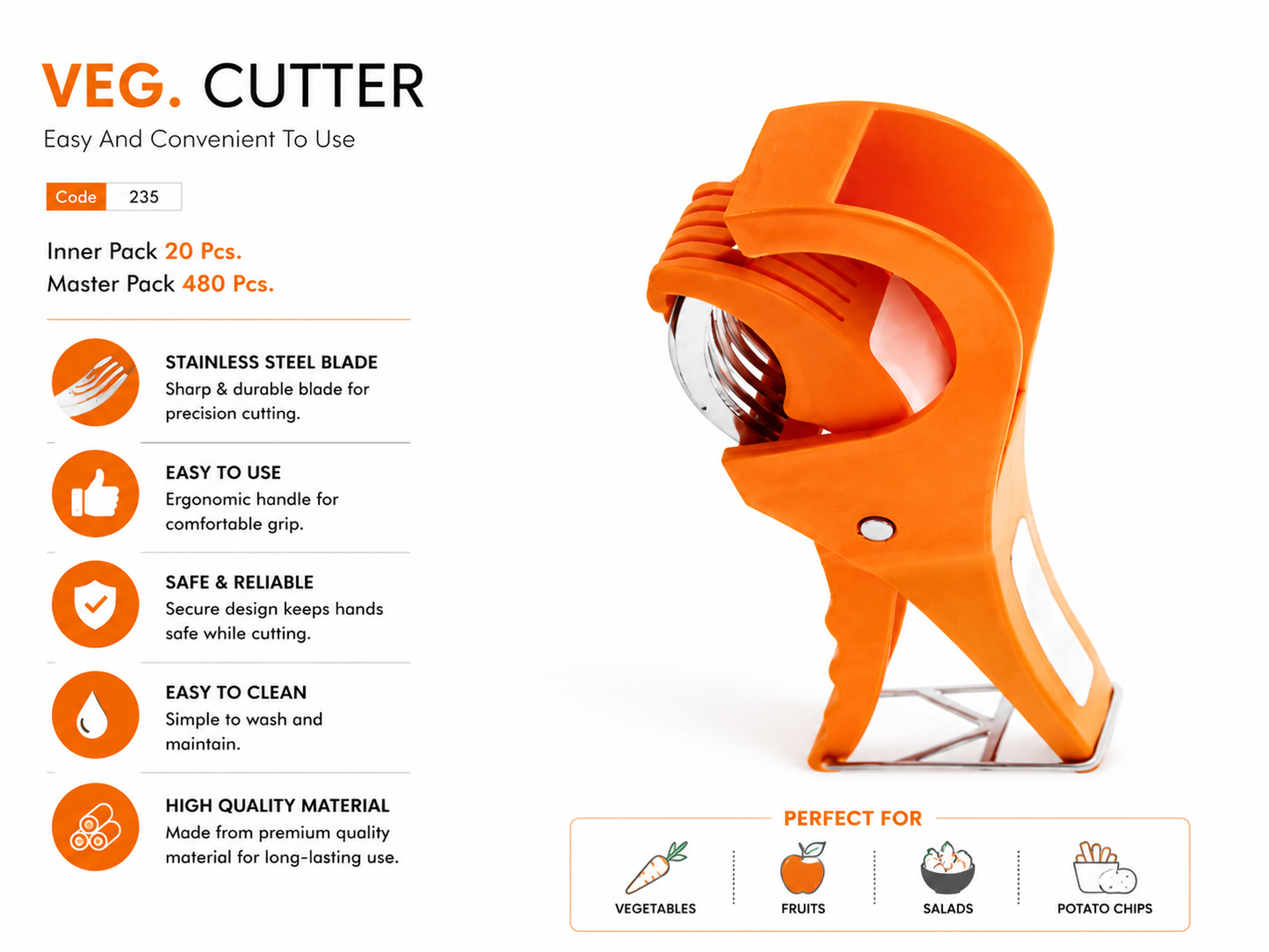 Vegetable Cutter Slicer for Kitchen, Stainless Steel Blade Veg Cutter, Multipurpose Vegetable & Fruit Slicer, Manual Salad Maker, Potato Chips Cutter with Safety Handle, Orange