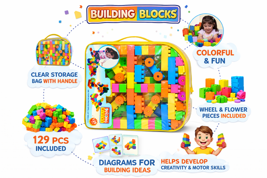 Building Blocks Toy Set for Kids (129 Pieces), Colorful Construction Blocks with Wheels & Shapes, Creative Learning Toy with Storage Bag (Ages 3+)