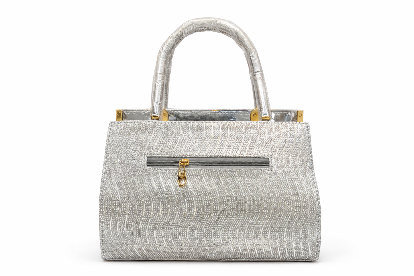 Premium Silver Dual Tone Handbag for Women | Metallic PU Leather Top Handle Purse with Gold Hardware