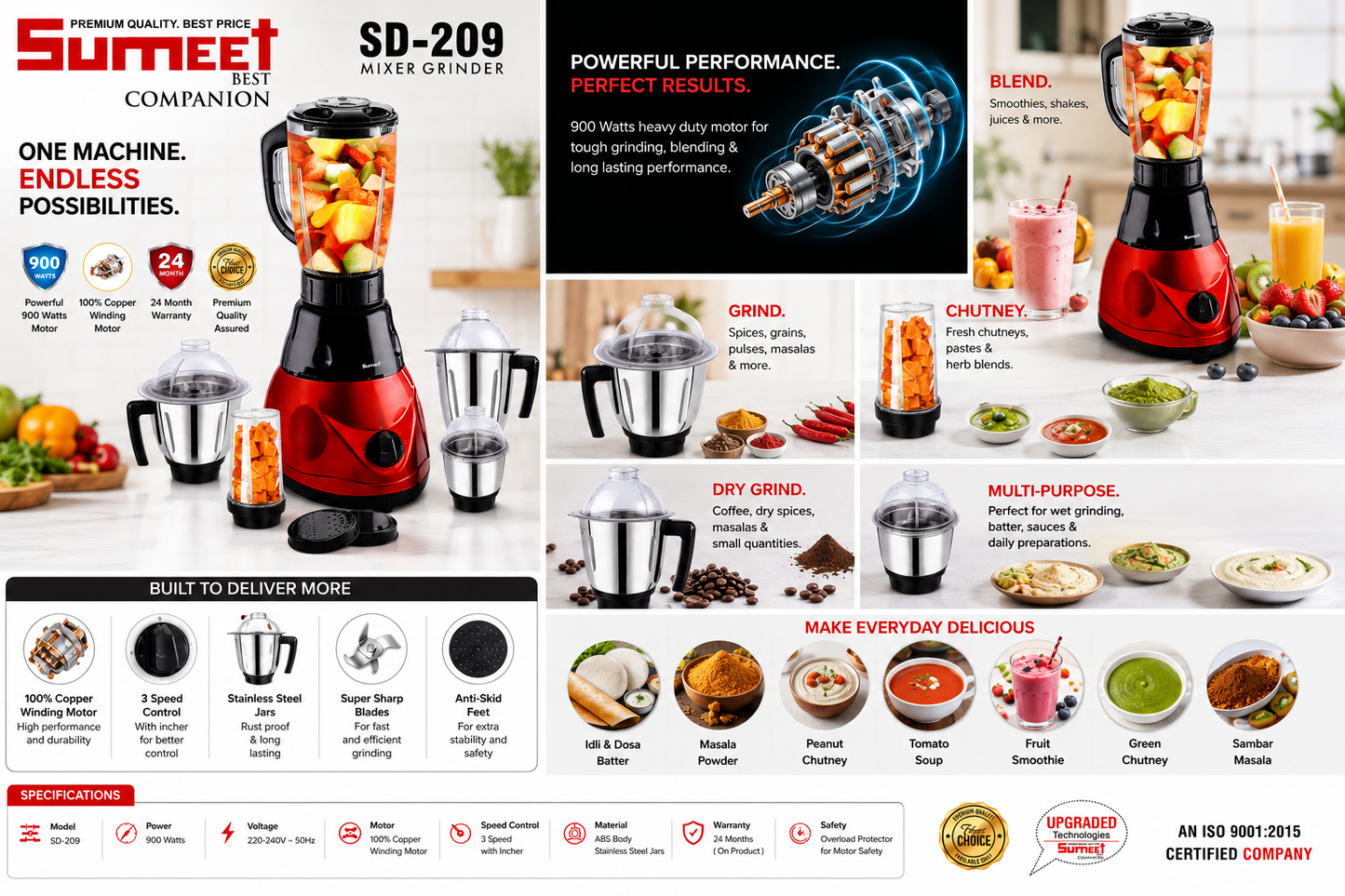 Sumeet SD-209 Mixer Grinder 900W | 4 Stainless Steel Jars (1.5L Liquidizing, 1L Grinding, 0.4L Chutney & 0.3L Multi-Purpose) | 100% Copper Motor | 3 Speed Control | Red & Black