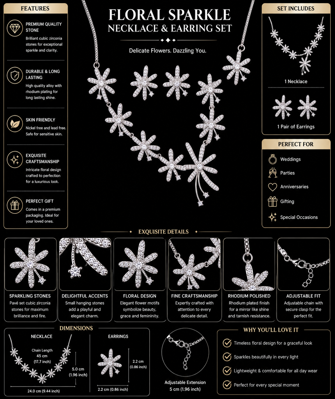 Floral Sparkle Necklace and Earring Set for Women – Cubic Zirconia Flower Bridal Jewelry Set, Rhodium Plated Non-Tarnish & Hypoallergenic, Perfect Wedding, Anniversary & Birthday Gift