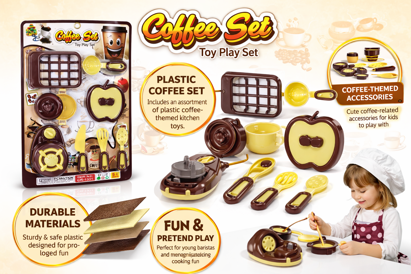 Kids Coffee Toy Set – Pretend Play Kitchen Coffee Set with Cups, Utensils & Accessories