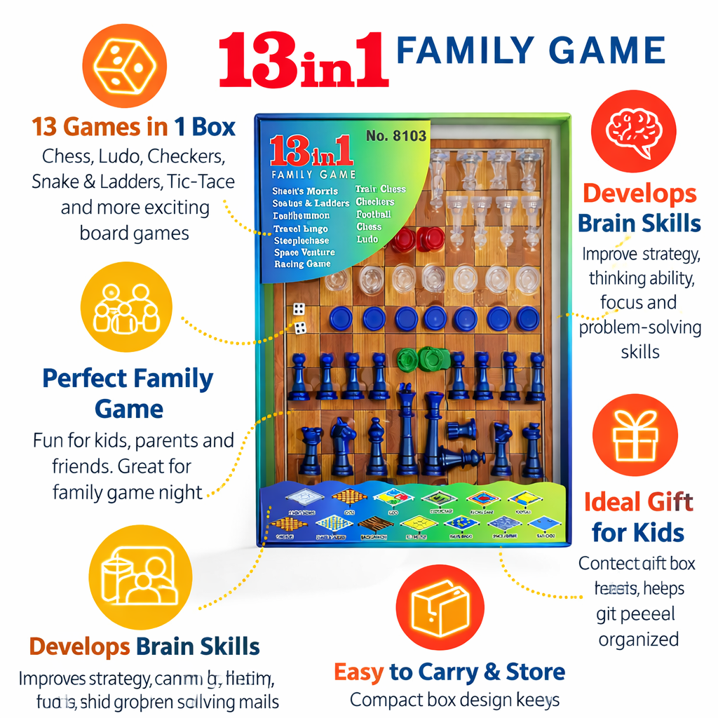 13 in 1 Family Board Game Set for Kids & Adults, Chess Ludo Snake Ladder Checkers Tic Tac Toe Game Combo, Indoor Strategy Games Kit with Pieces, Dice & Storage Box