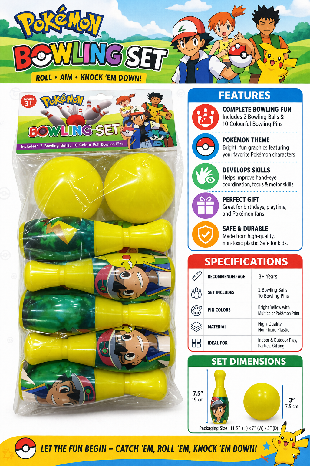 Kids Bowling Set Toy (12 Pieces) | Indoor Outdoor Bowling Game with 2 Balls & 10 Pins | Cartoon Theme Fun Game for Boys & Girls (3+ Years)