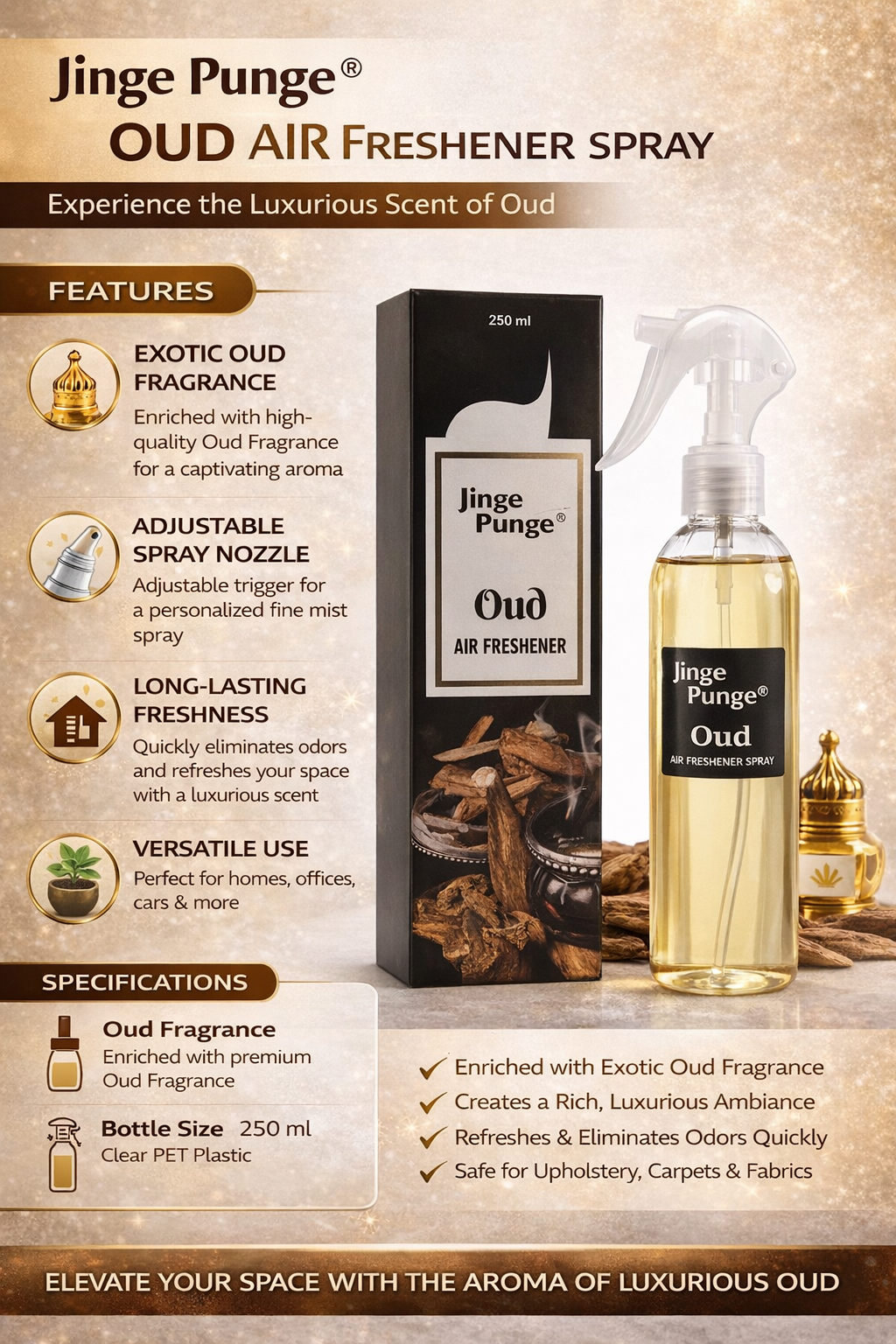 Jinge Punge Premium Oud Air Freshener Spray 250ml | Long-Lasting Oud Fragrance | Room, Car & Office Freshener | Adjustable Spray Nozzle | Luxury Home Fragrance Mist