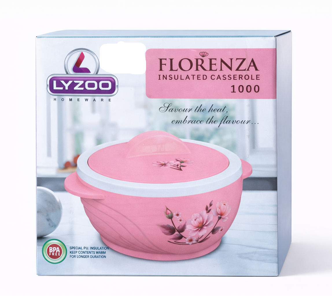 Lyzo Florenza Insulated Casserole 1 Litre, BPA-Free Hot Case with Stainless Steel Inner, PU Insulation, Keeps Food Hot & Fresh, Durable Serving Bowl with Lid & Handle